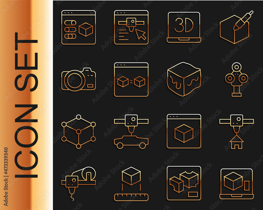 Set line 3D printer, house, scanner, perfect copy, Photo camera, and Isometric cube icon. Vector