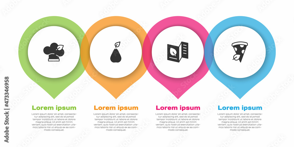 设置素食饮食、梨、素食菜单和披萨片。商业信息图表模板。矢量