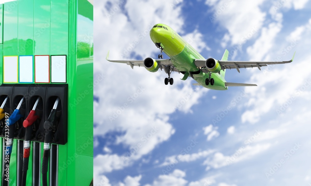 Plane and a gas station with the inscription BIO. Decarbonization concept on sky background