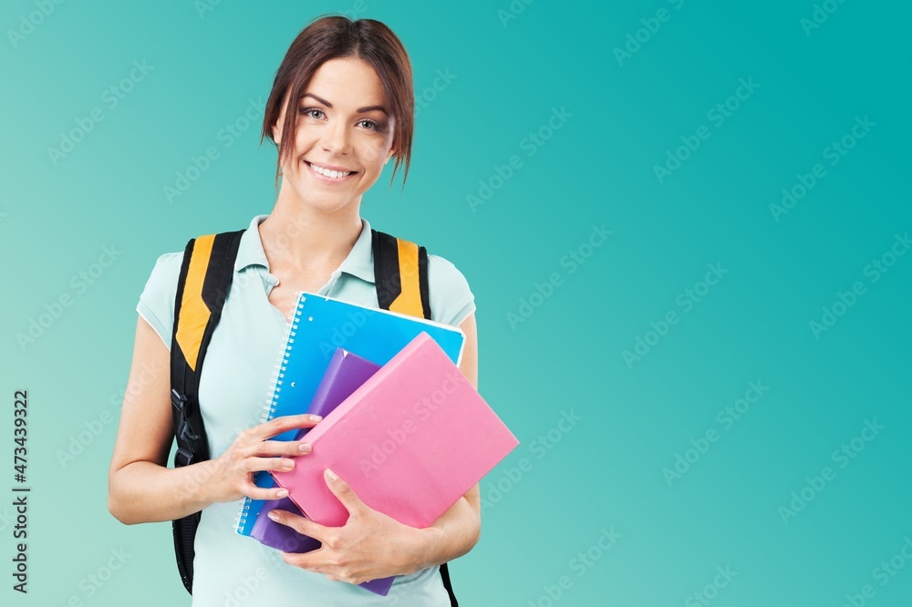 Happy Student. Cheerful Girl Smiling To Camera Standing With Backpack