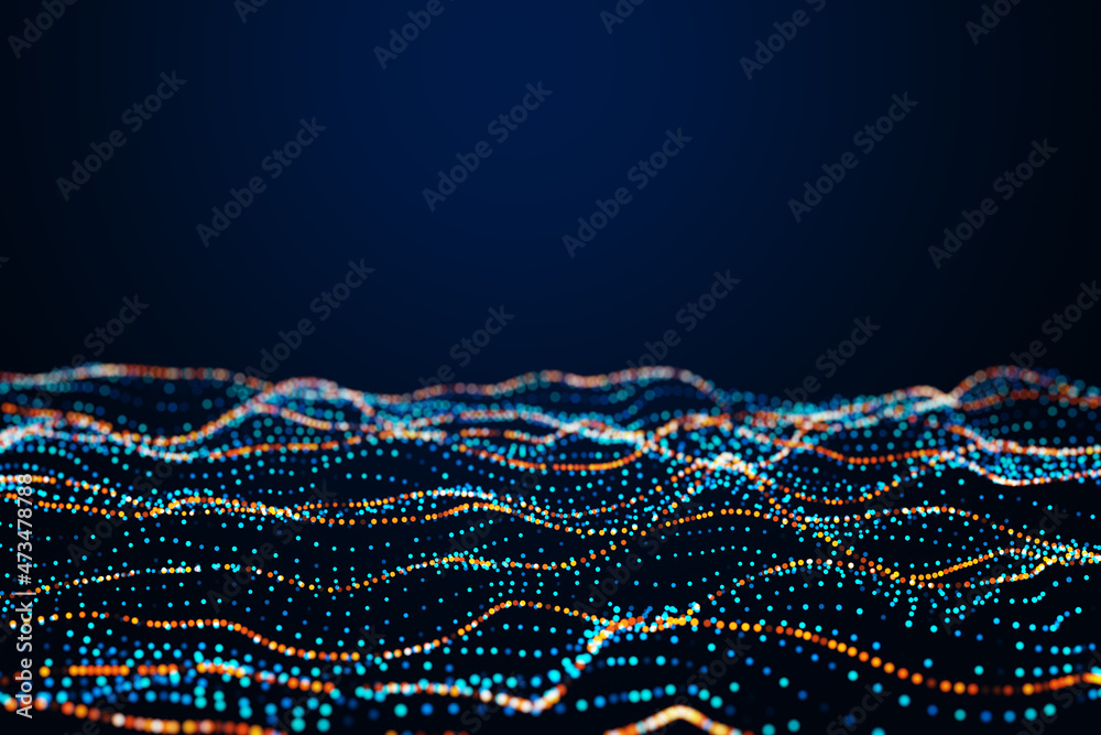深蓝色背景下的创意数字多边形波浪，带实体模型。技术和设计conc
