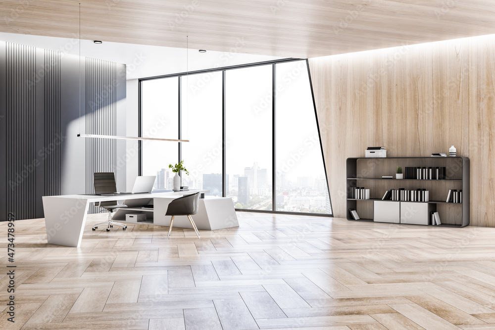 Contemporary wooden designer office interior with reflections, furniture, window with panoramic city