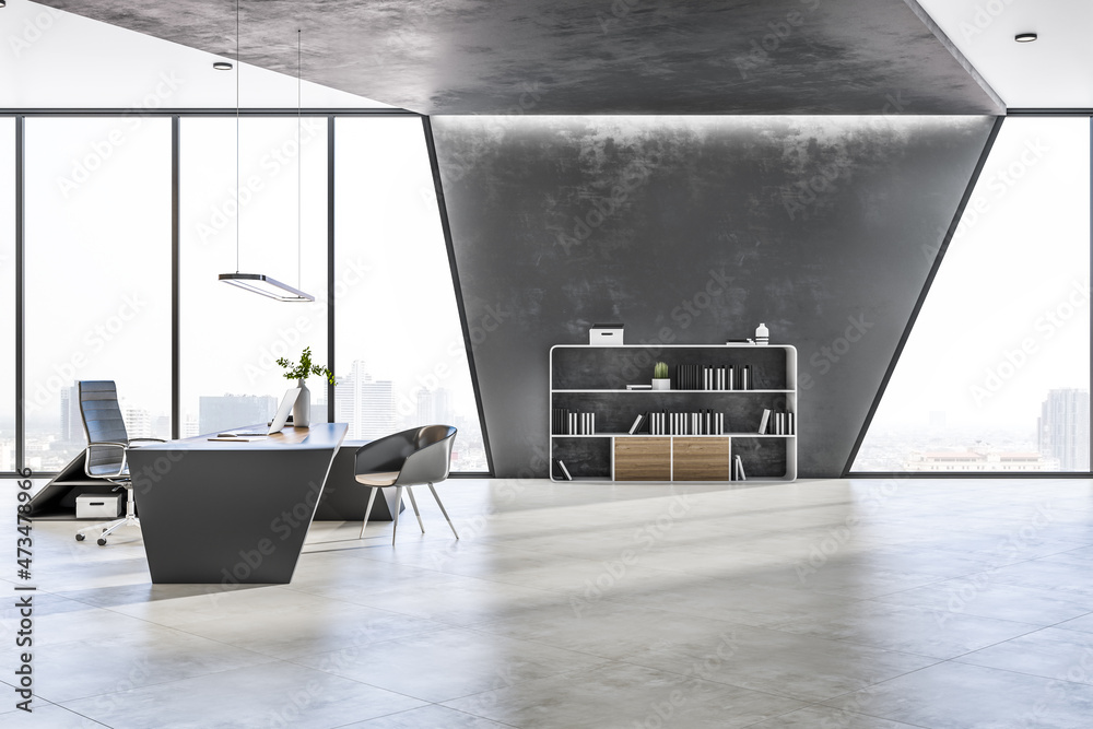 Modern concrete designer office interior with reflections, furniture, window with panoramic city vie