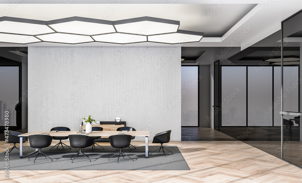 Modern wooden and concrete designer meeting room office room interior with empty mock up place on wa