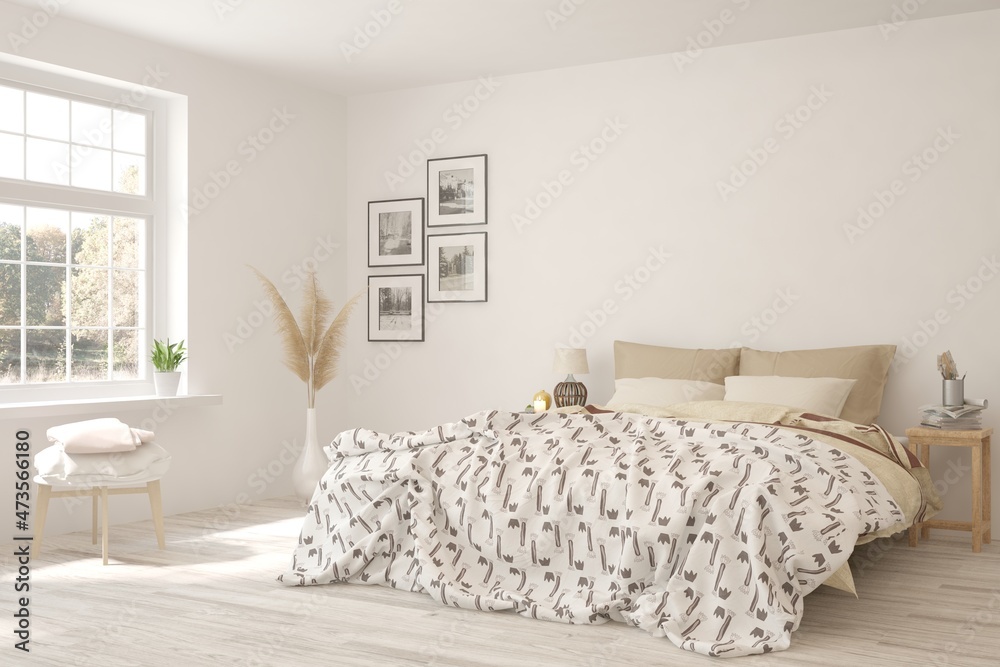 Soft color bedroom interior. Scandinavian design. 3D illustration