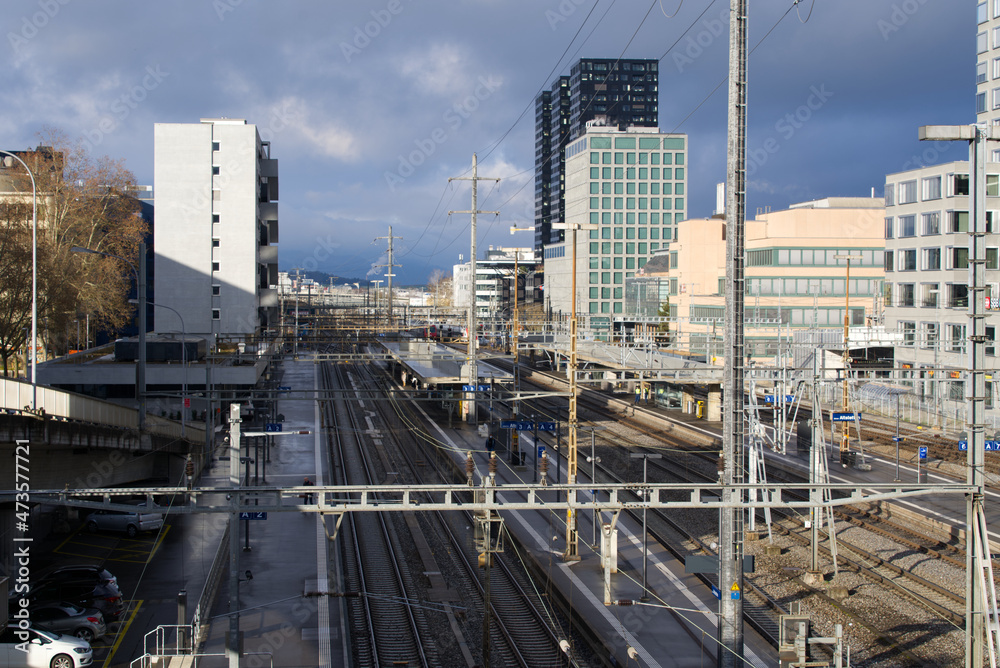 Aerial view of railway station Zürich Altstetten seen from Europe bridge at City of Zürich on a clou