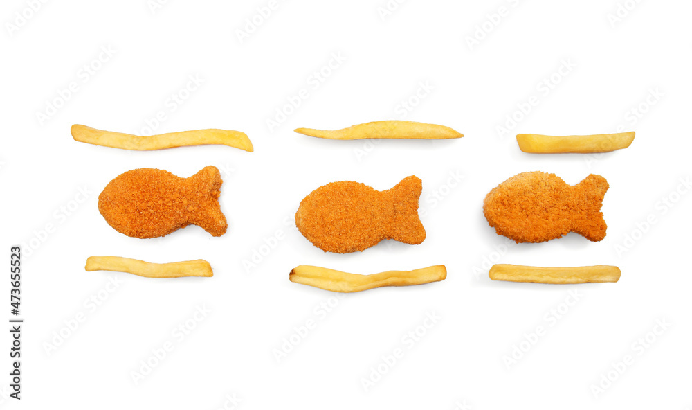 Tasty fish nuggets with french fries on white background