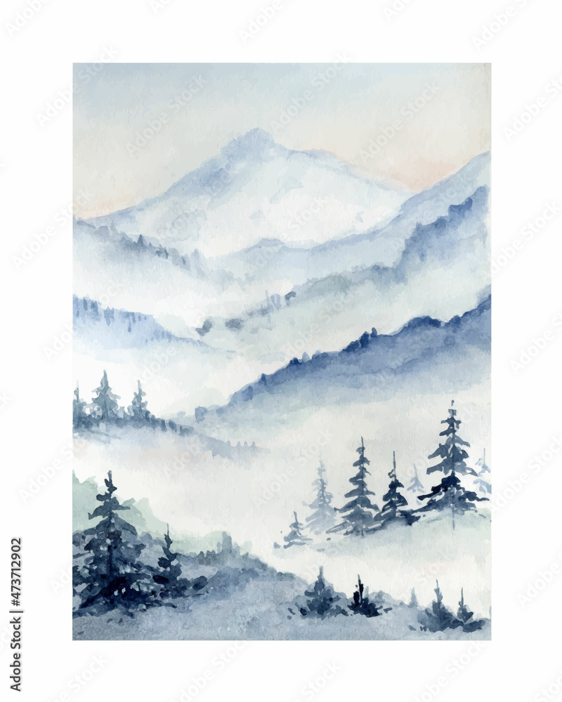 Watercolor vector winter landscape with mountains and forest.