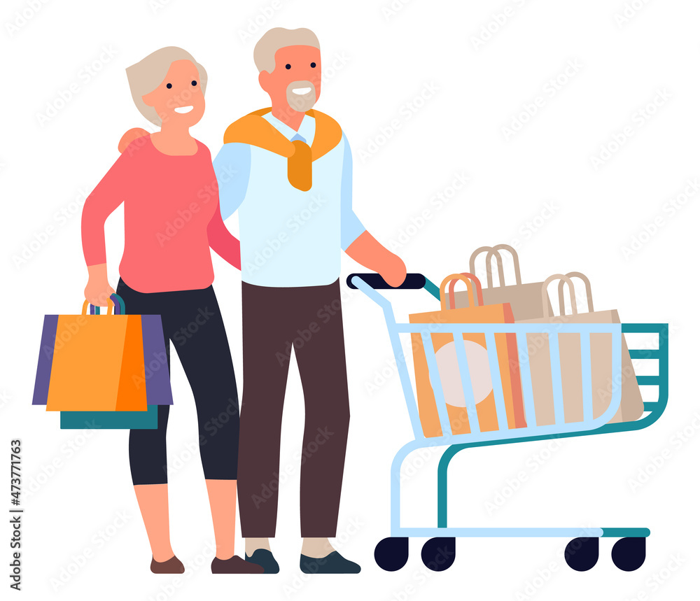 Old couple with shopping cart. Happy senior consumers