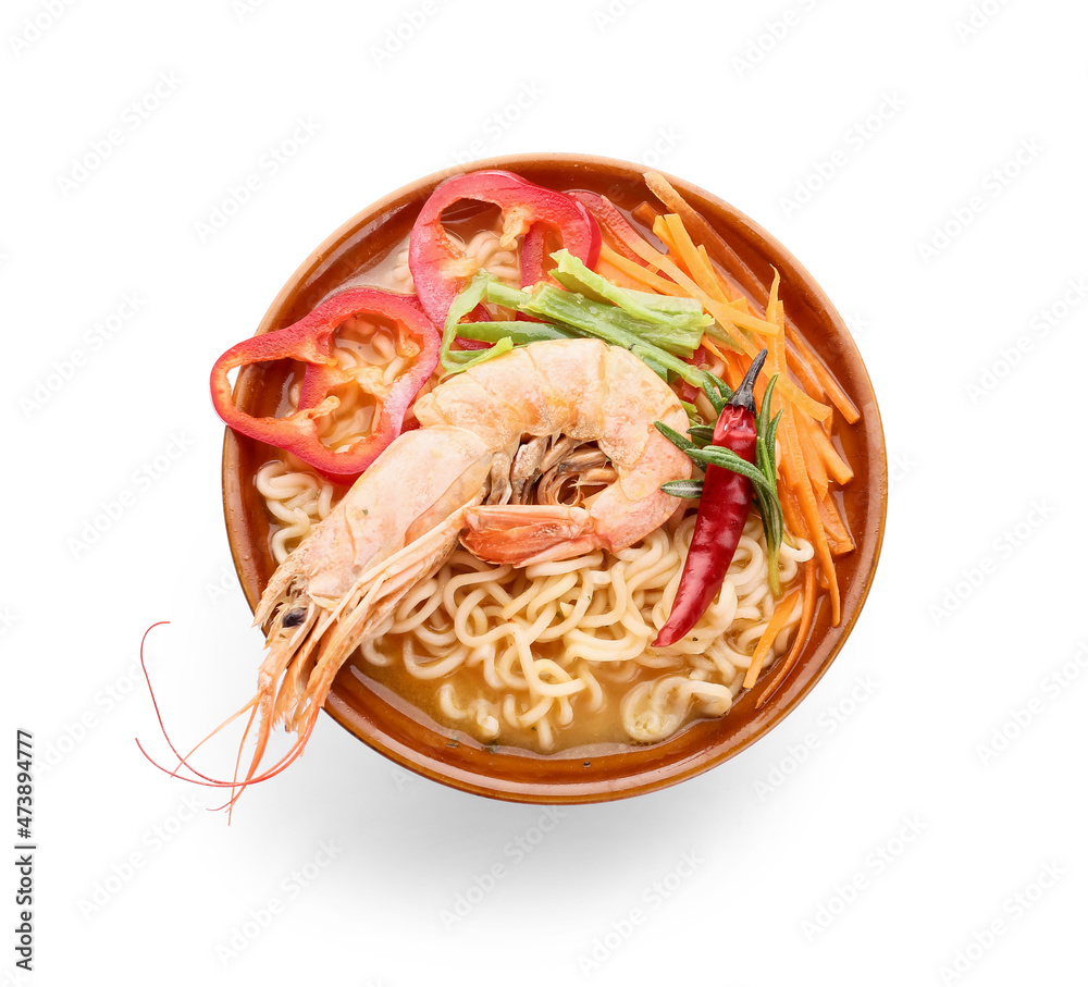 Bowl of tasty Thai soup on white background