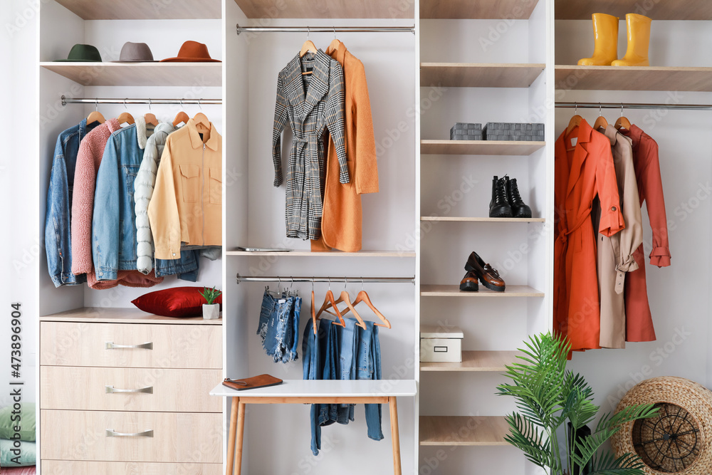 Modern wardrobe with stylish female clothes in room