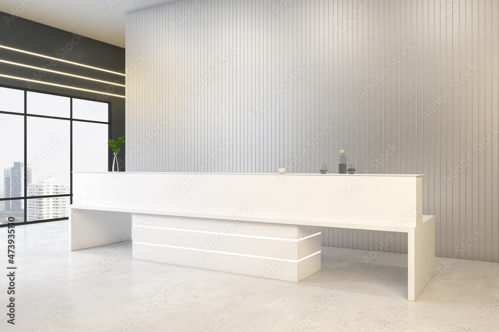 Contemporary concrete office interior with white reception desk, window with city view and mock up p