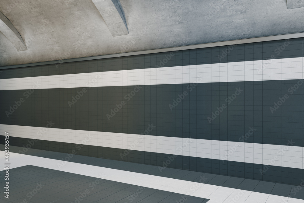 Bright underground interior with tile walls. Subway, metro and urban under ground crossing. 3D Rende