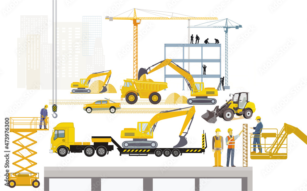 Baustelle mit Bagger，Handwerker und Baumaschinen，插图