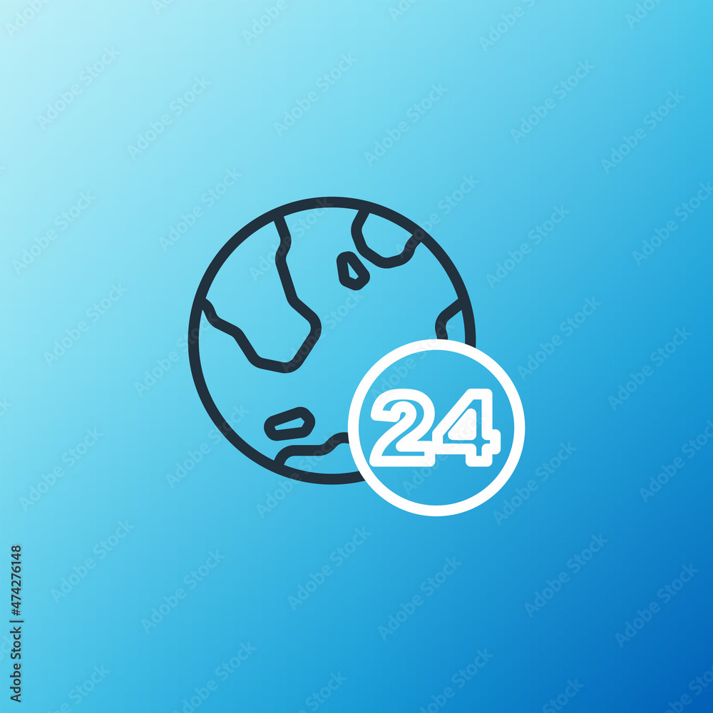 Line Telephone 24 hours support icon isolated on blue background. All-day customer support call-cent