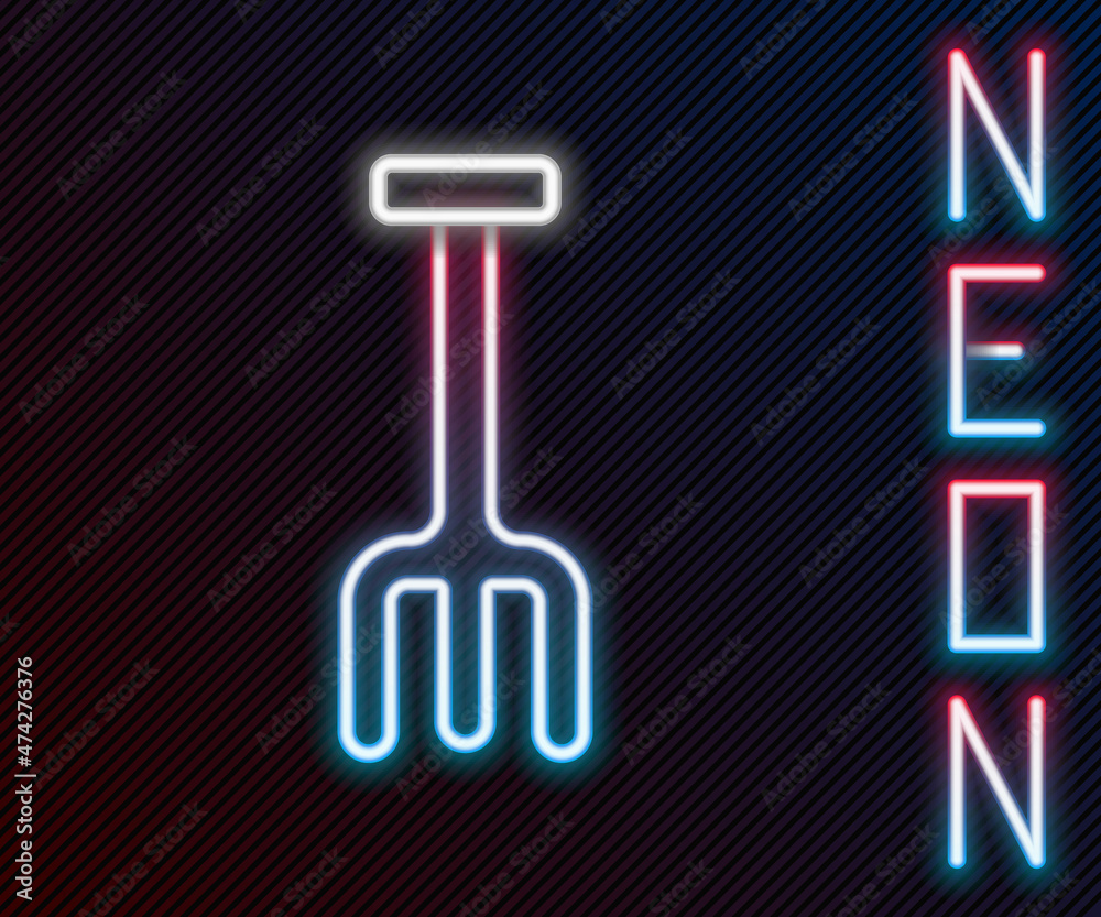 Glowing neon line Garden rake icon isolated on black background. Tool for horticulture, agriculture,