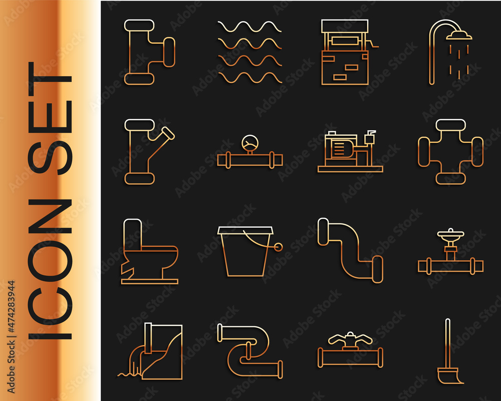 设置线路拖把、工业管道和阀门、金属、井、压力计和电动水泵图标。Vect