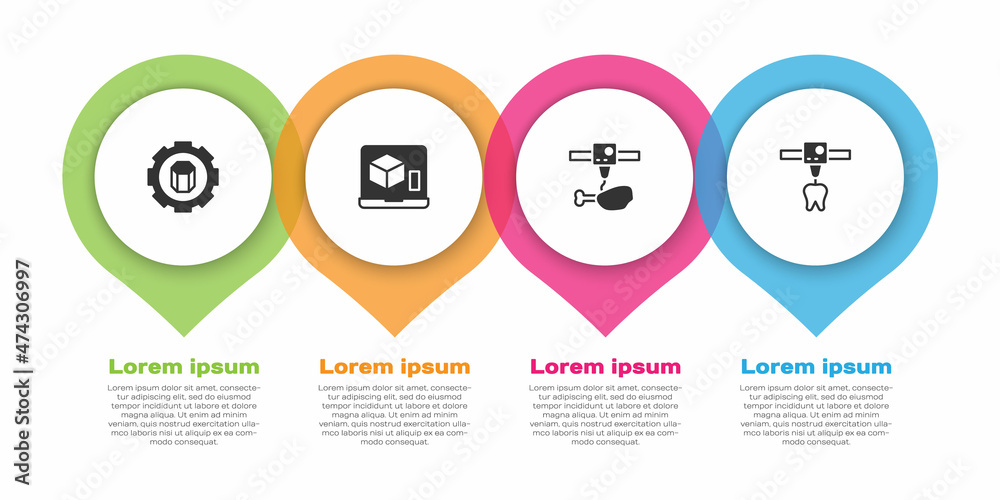 设置3D打印机设置，鸡腿和牙齿。商业信息图模板。矢量