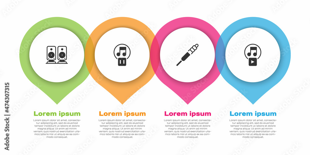 设置立体声扬声器、暂停按钮、音频插孔和方形播放。商业信息图形模板。Vect