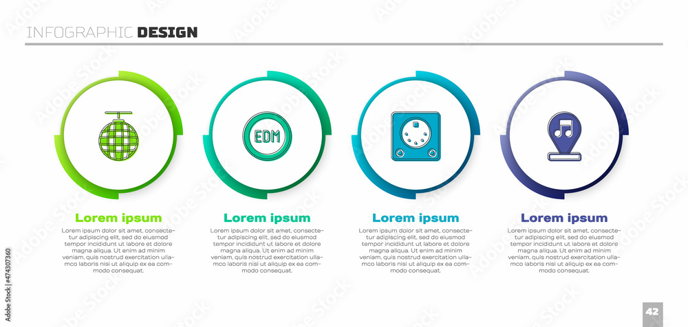 设置迪斯科球、EDM电子舞曲、鼓机和音乐音符、音调。商业信息图