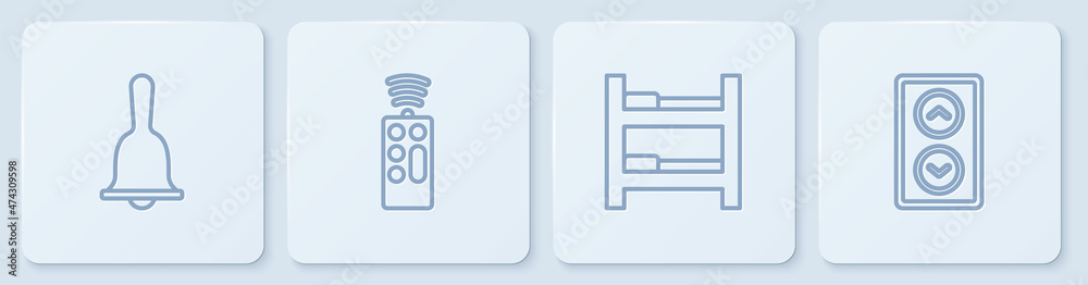 设置酒店服务铃、客房床、遥控器和电梯。白色方形按钮。矢量
