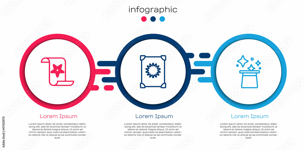 Set line Ancient magic book, and Magic hat. Business infographic template. Vector