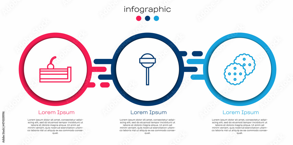 樱桃芝士蛋糕、棒棒糖和饼干或饼干。商业信息图模板。矢量