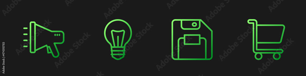 设置线软盘、扩音器、灯泡和购物车。渐变色图标。矢量