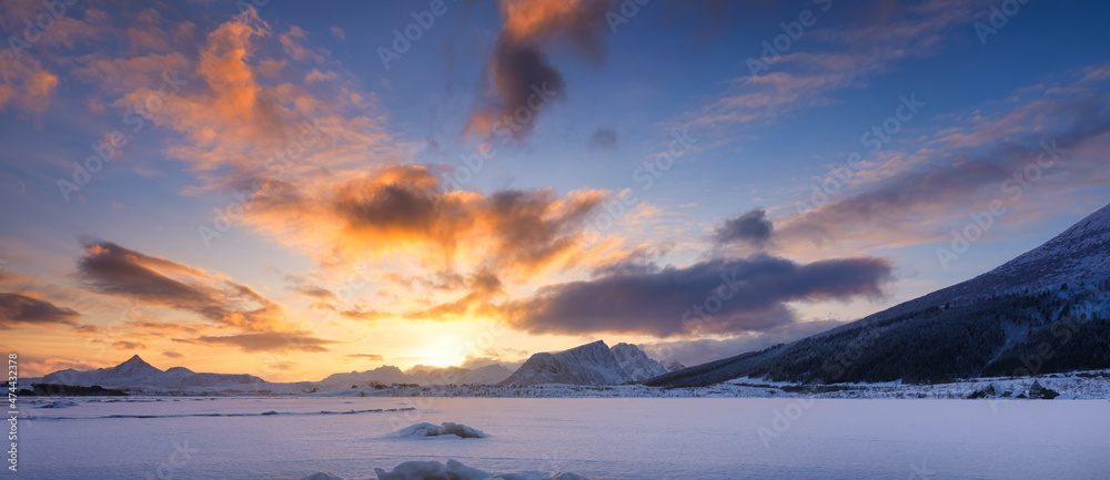 Panoramic view of the sunset sky. Winter landscape. The Lofoten Islands, Norway. High resolution pho