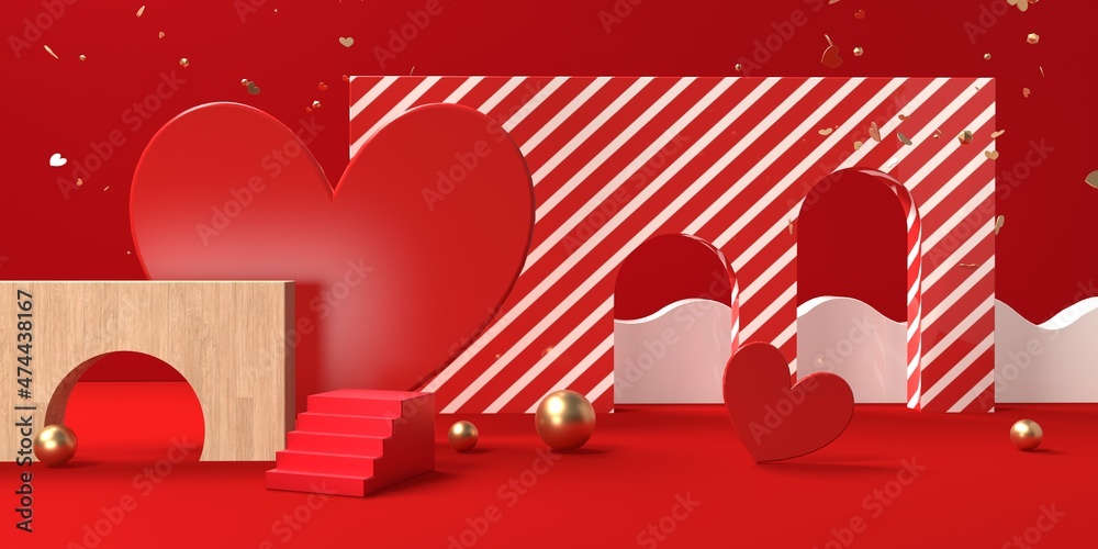 Hearts with geometric shapes - Appreciation and love theme - 3D render