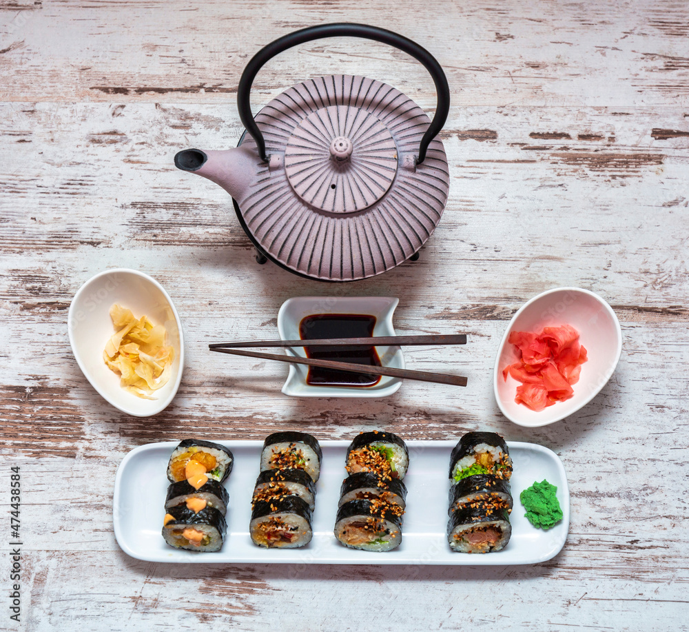 Sushi set with soy sauce and pickled ginger