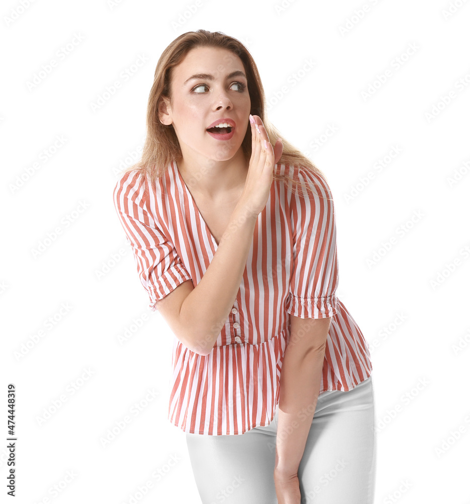 Young gossiping woman on white background