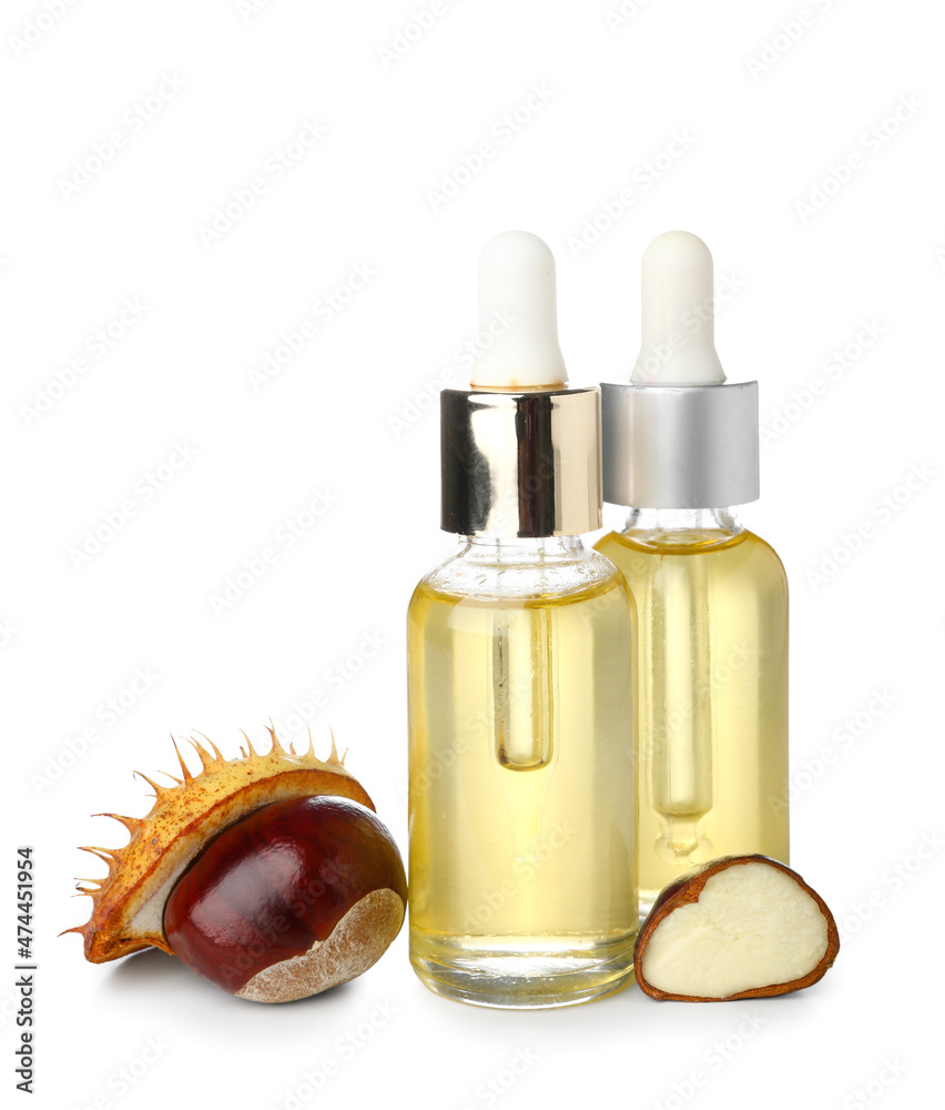 Bottles of chestnut essential oil isolated on white background