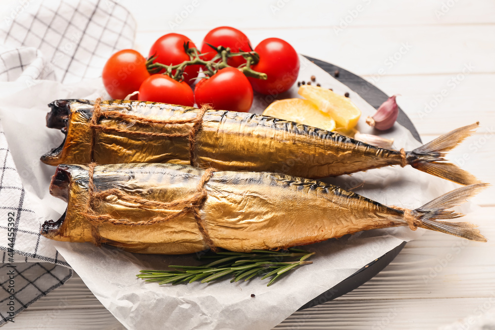 Tasty smoked mackerel on table