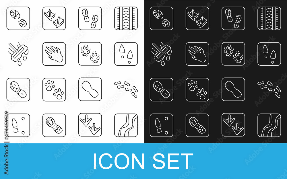 设定蛇爪足迹、人类足迹鞋、鳄鱼、拖把和狐狸图标。矢量