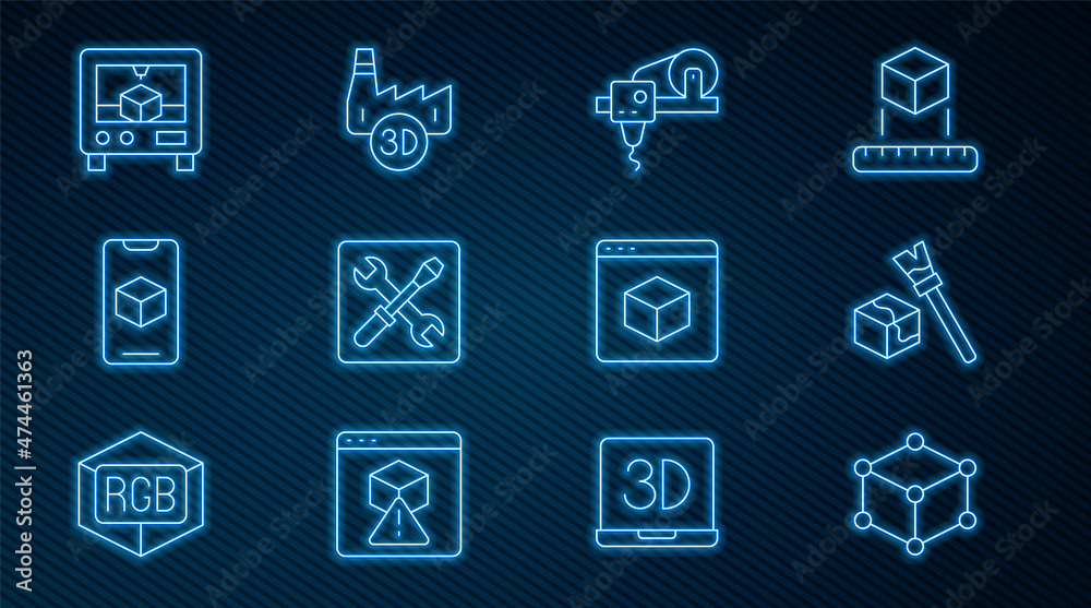 设置线等轴测立方体、3D打印机、设置、软件和印刷厂行业图标。矢量