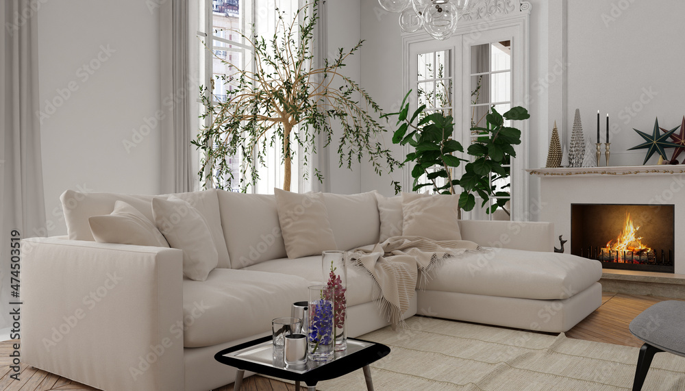 White living room interior in classic style with fireplace. 3D Render	