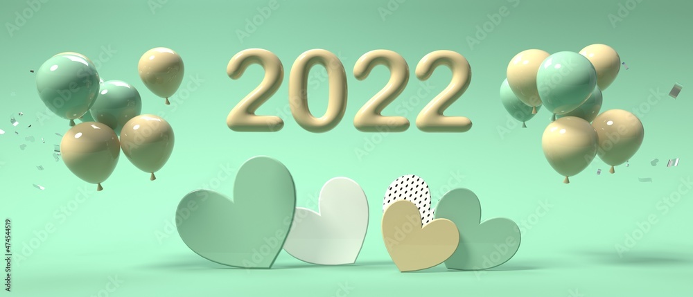 2022年庆祝主题，带气球的心-3D渲染