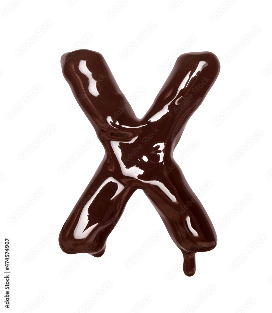 Latin letter X with drop is made of melted chocolate, isolated on white background