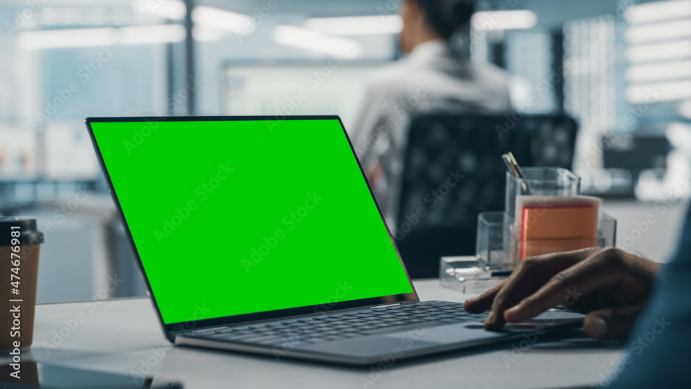 成功的黑人商人坐在办公桌前，在办公室里用绿屏笔记本电脑工作。非裔美国人