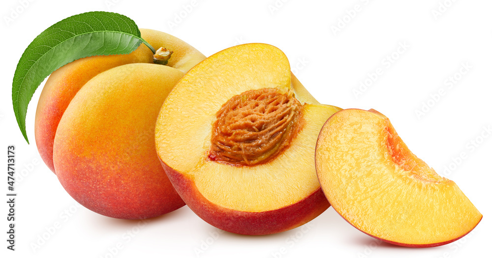 Peach fruit with peach leaf isolated on white background. Peach clipping path. Professional studio m