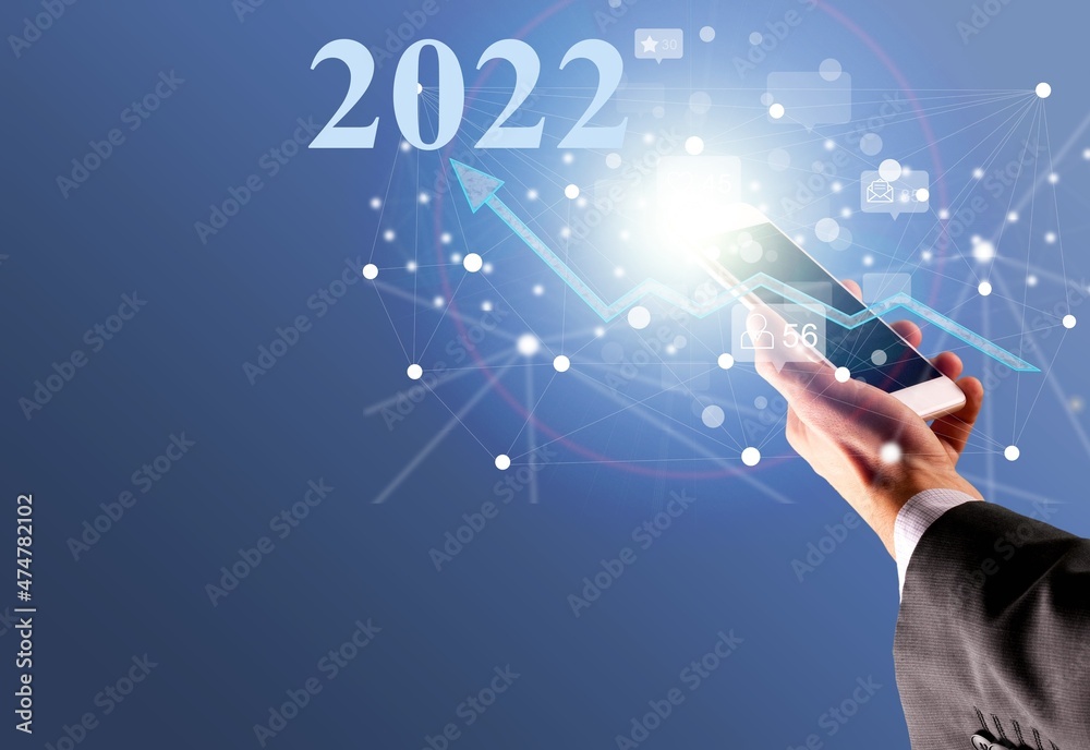 Trends of online businesses using smartphones in 2022, internet technology network.