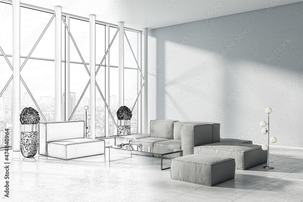 Sketch of modern living room or business hall interior with sunlight, window with panoramic city vie