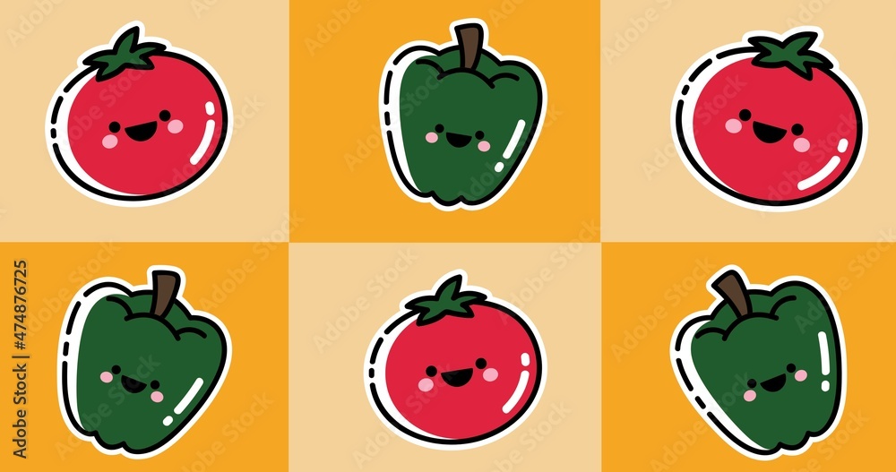 Vector image of smiley faces on green bell peppers and tomatoes against orange background