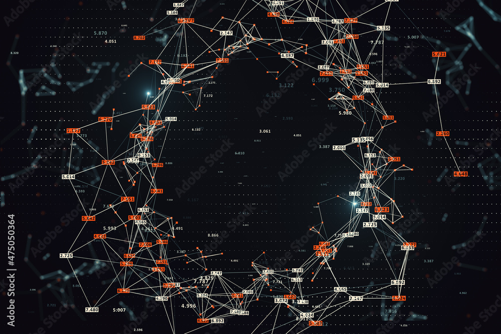 黑色背景下充满创意的大数据连接圈。科学、数字网络和技术