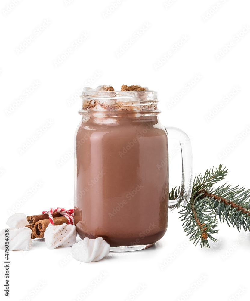 Mason jar of tasty coffee with cinnamon and marshmallows on white background