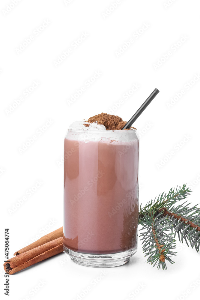 Glass of tasty coffee with cinnamon on white background