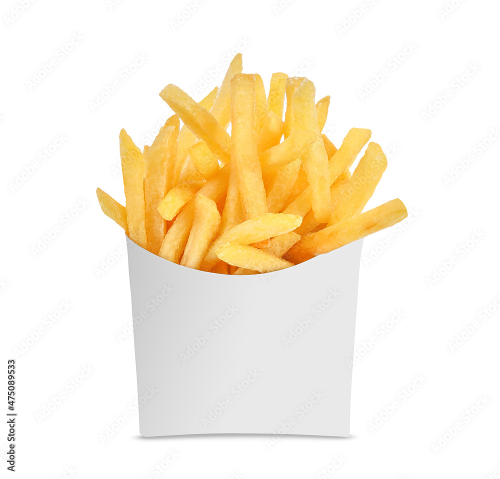 French fries in a white paper box isolated on white background.