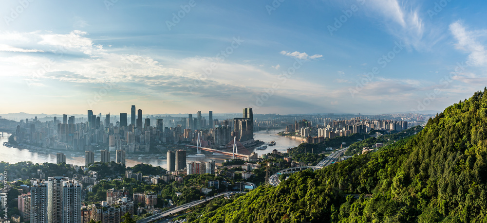 Panoramic skyline and modern commercial buildings in Chongqing, China.