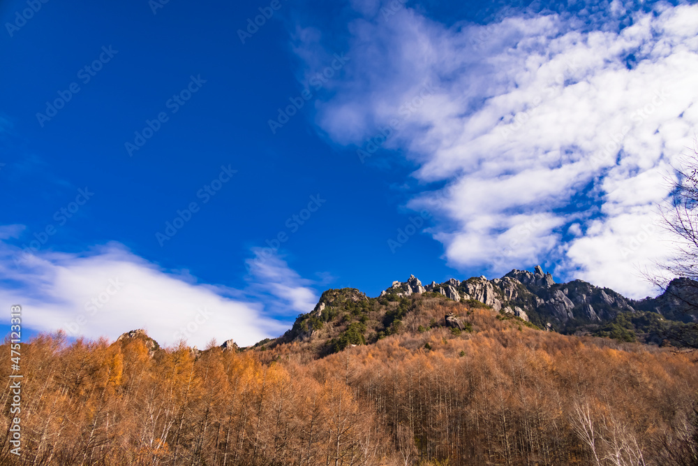 紅葉した木が生える、岩だらけの山　瑞牆山